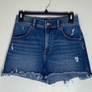 EXPRESS Super High Rise Medium to Dark Wash Distressed Denim Mom Shorts Sz 2